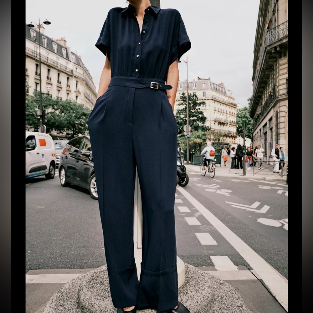Zara Long Crepe Jumpsuit - Navy